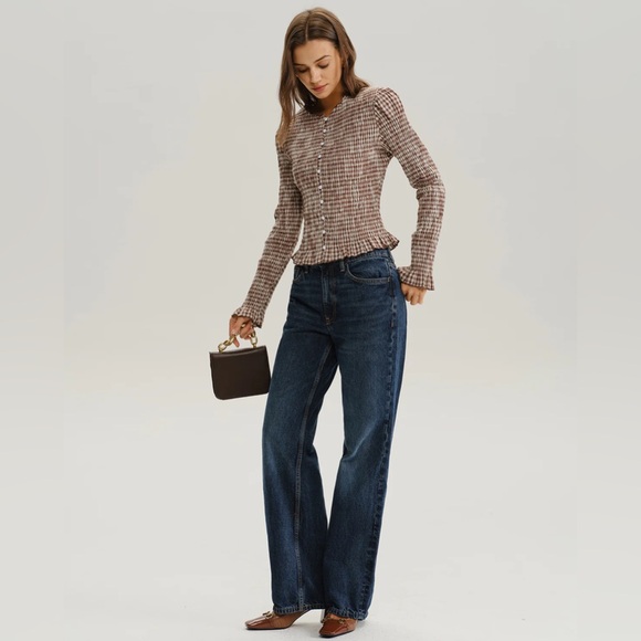 Brown Plaid Shirred Poet Sleeve Blouse - Picture 4 of 6